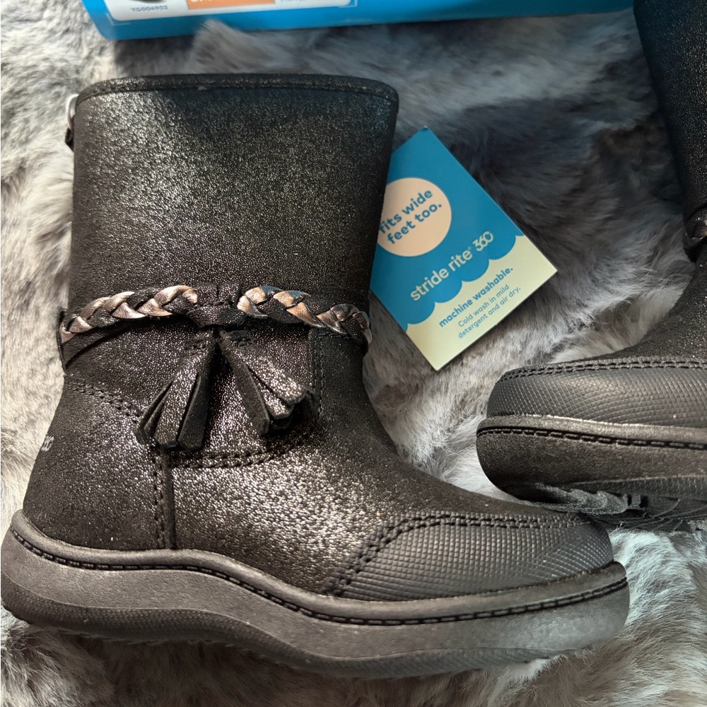 NIB Stride Rite 360 Toddler Girls 6M Amita Black Glitter Zip Boots Braid Tassels